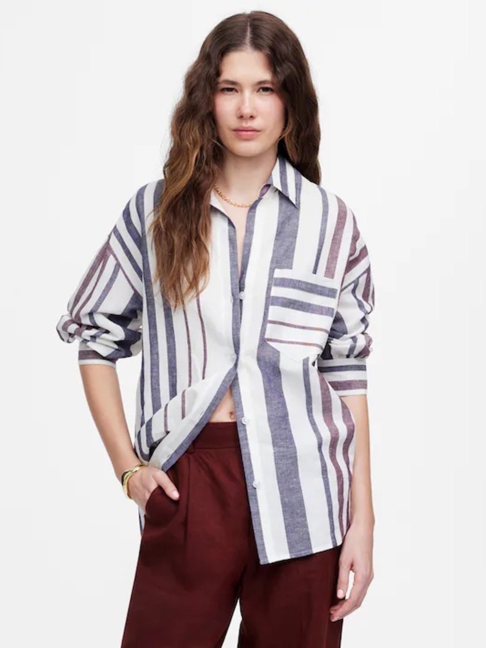 Madewell Vertical Stripe Button-Down Shirt in White, Blue & Red